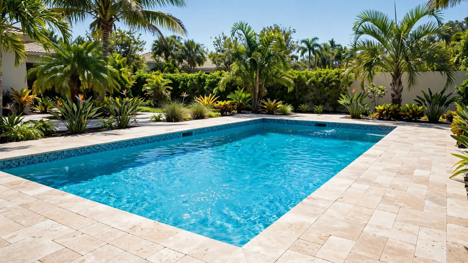Newly resurfaced swimming pool with travertine paver deck in Tampa, Florida